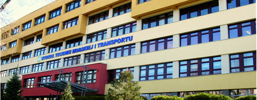 Widok frontu budynku WTMiT z widocznym wejściem głównym i dużym napisem nazwą wydziału nad nim, na wysokości drugiego piętra